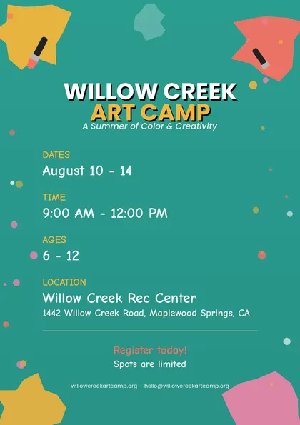 Willow Creek Art Camp flyer listing dates, time, ages and location