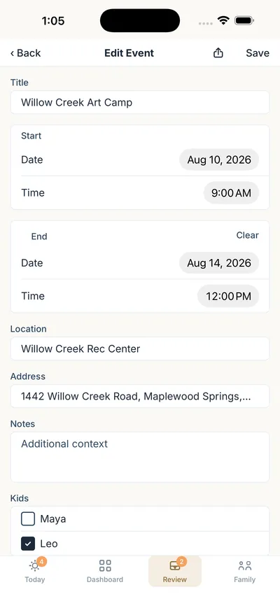 Kiddash Edit Event screen filled in with Willow Creek Art Camp details